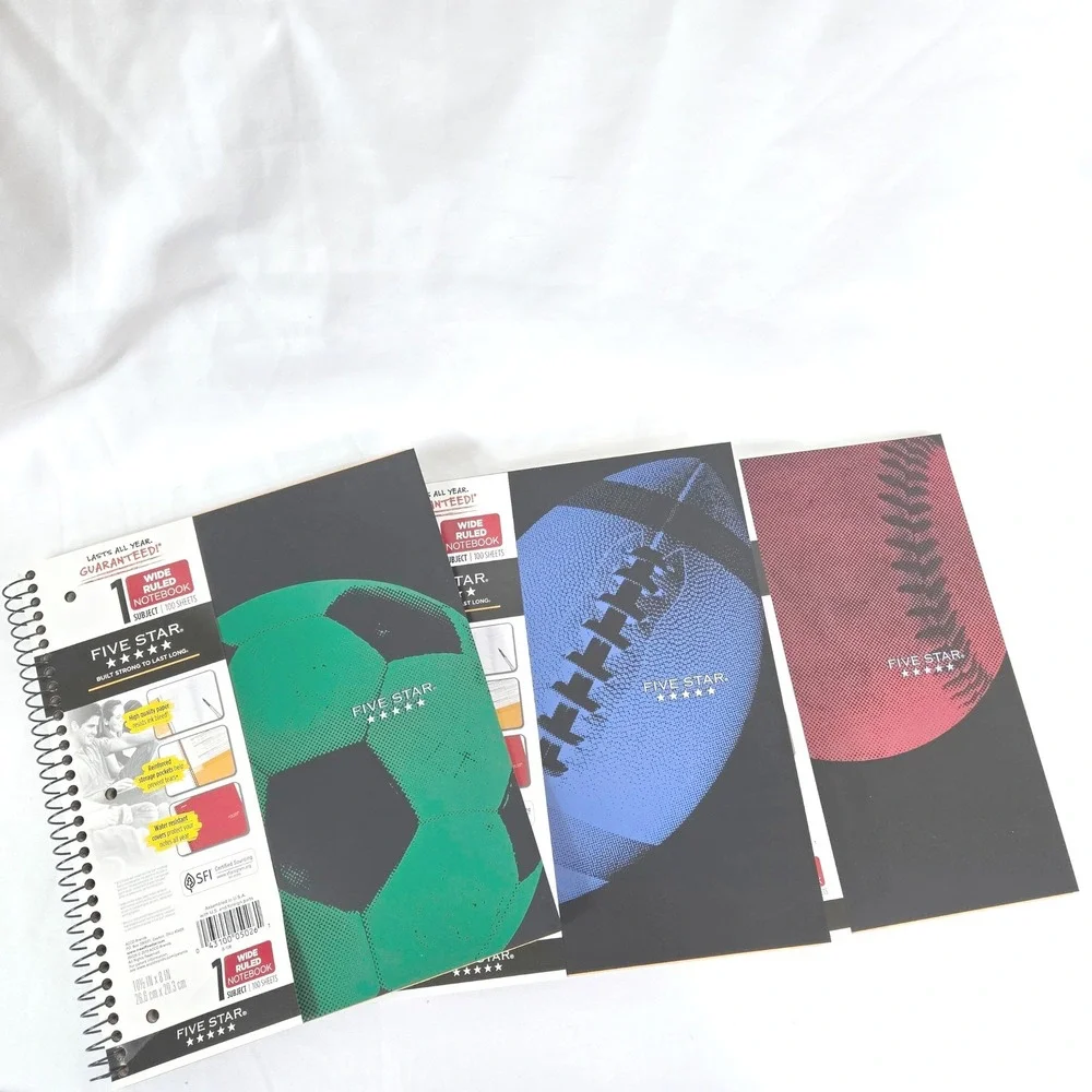 Five Star Sports Theme 1 Subject Wide Ruled 3Pack 100 Sheet Spiral Notebook NEW